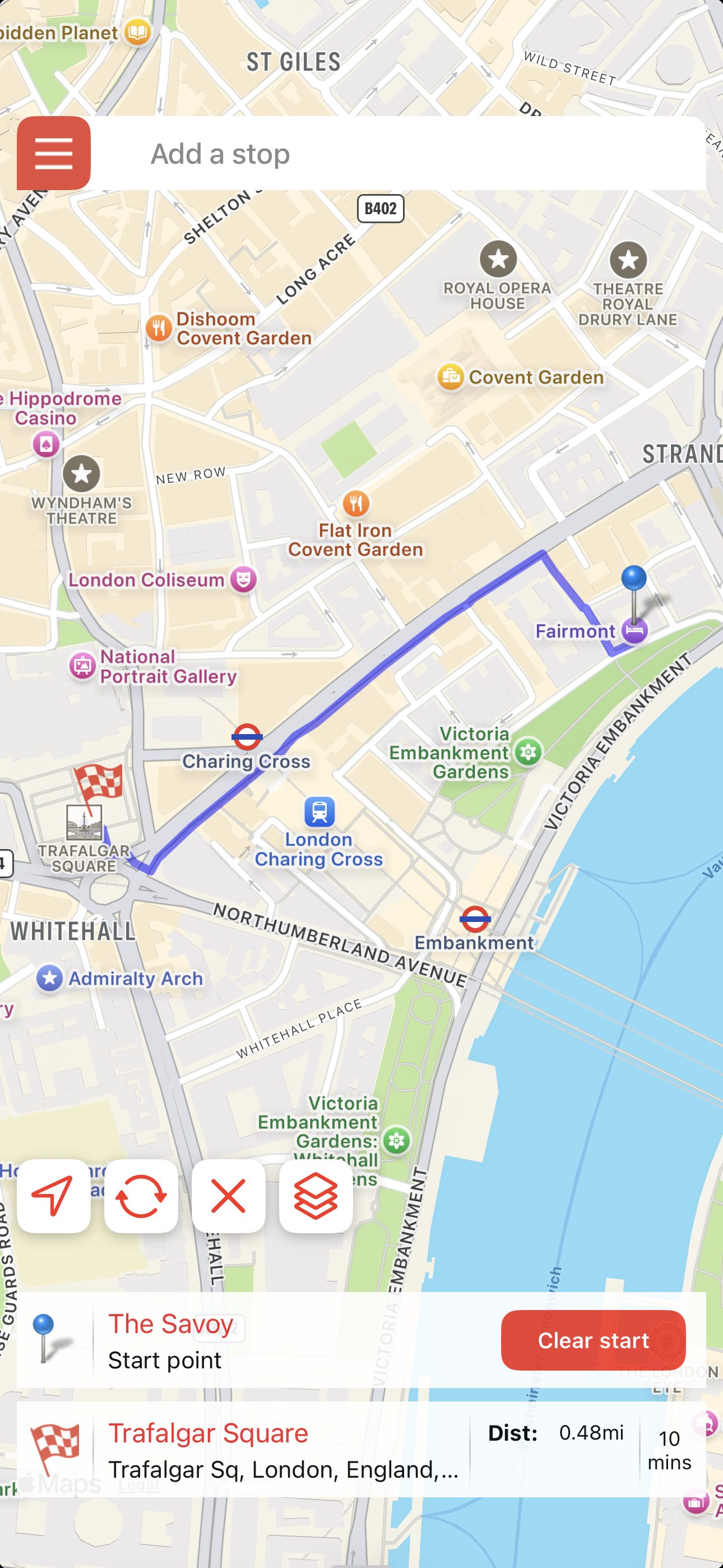 Strydr walking route from The Savoy to Trafalgar Square